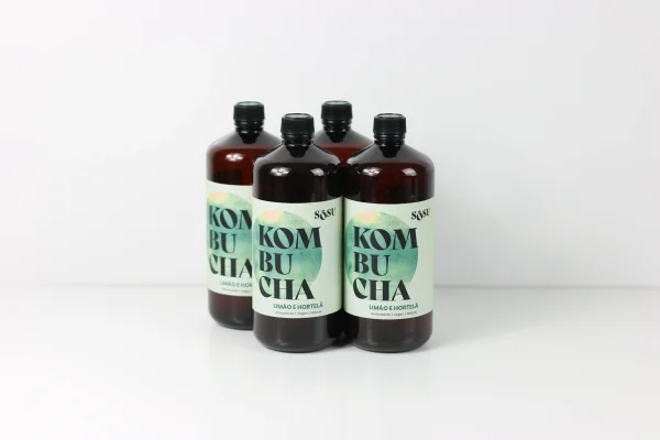 quatro garrafas de kombucha de limão hortelã da sõsu kombucha